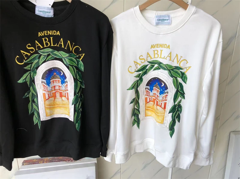 

23SS New Fasion Casablanca Castle Print Sweatshirts Men Women Square Graphic Hoodie Terry Crewneck Casa Sport Long Sleeve