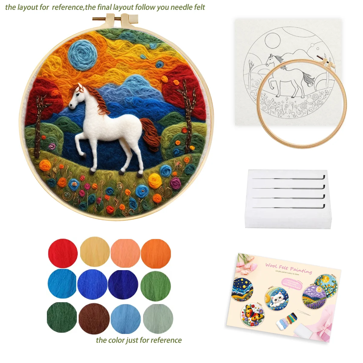 RUOPOTY Horse Pattern Needle Felt Starter Set Wool Felting Painting Diy Wool Embroidery Kit Diy Needle Felt Picture Craft