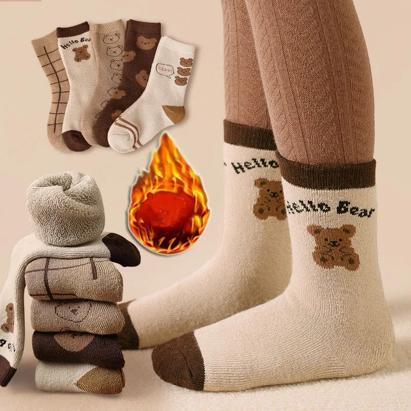 5 Pairs/lot Socks Winter Thermal Kid's Socks Child Boy's Girl's Cartoon Bear Warm Cotton Toddler Plush
