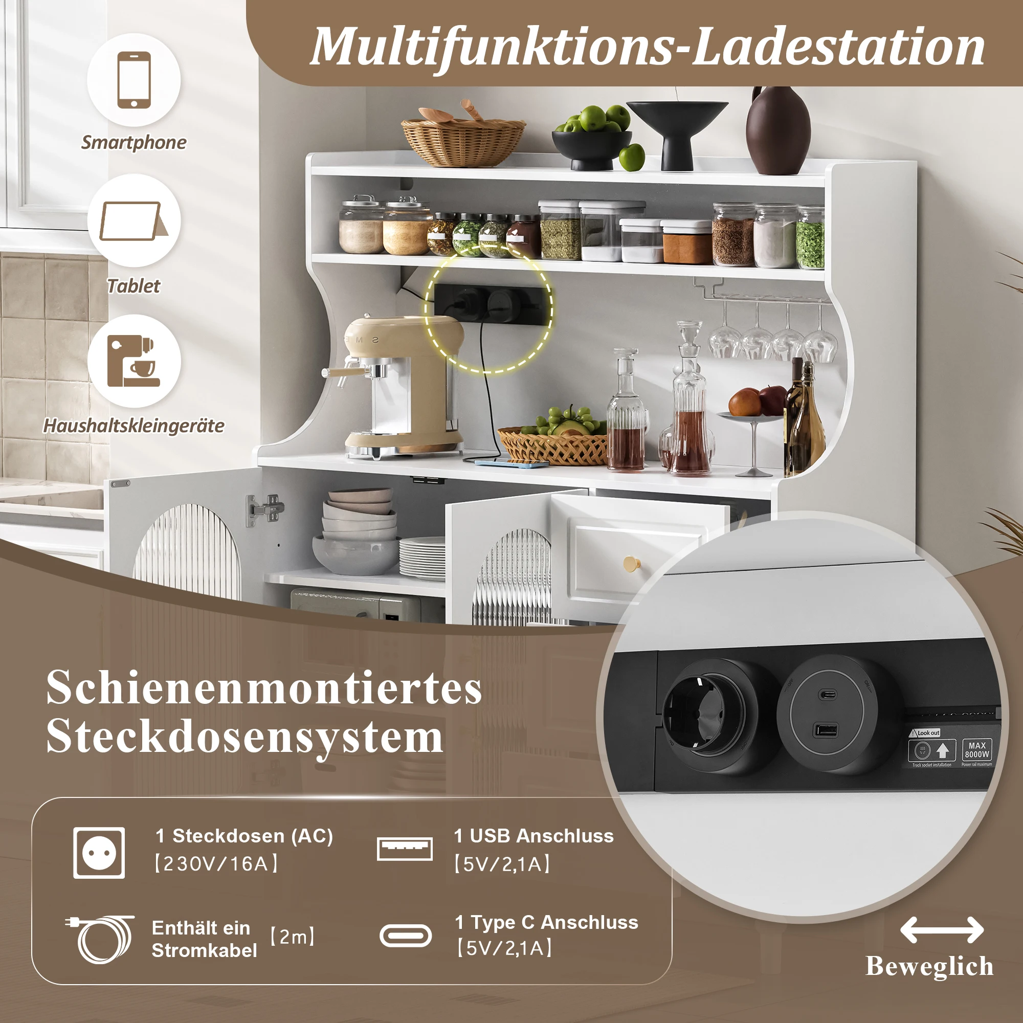 Hoher Schrank mit Steckdosen und Schubladen, Barschrank mit Weinglashaltern und Stauraum, Küchensideboard mit verstellbaren Elementen – Detail 8
