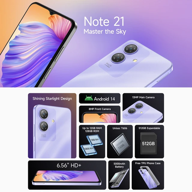 هاتف ذكي Ulefone Note 21 بطارية 6.56 بوصة 90 هرتز 5000 مللي أمبير في الساعة 4 جيجابايت + 128 جيجابايت Unisoc T606 كاميرا 13 ميجابكسل 4G أندرويد 14 هاتف محمول 2