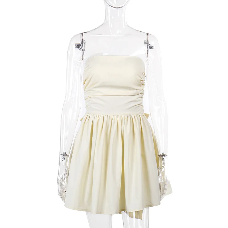 Tee Bow Bandeau Pleated Mini Dress For Women Fashion Sleeveless Patchwork Bandage Party Dress Female Lace-Up Y2k Dress New