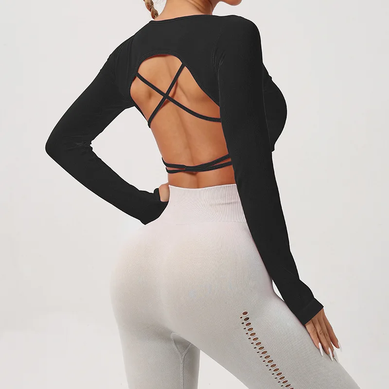 Woman Yoga Sports Crop Beauty Back Sports Long sleeved Pilates Training and Fitness Top without Chest Pads