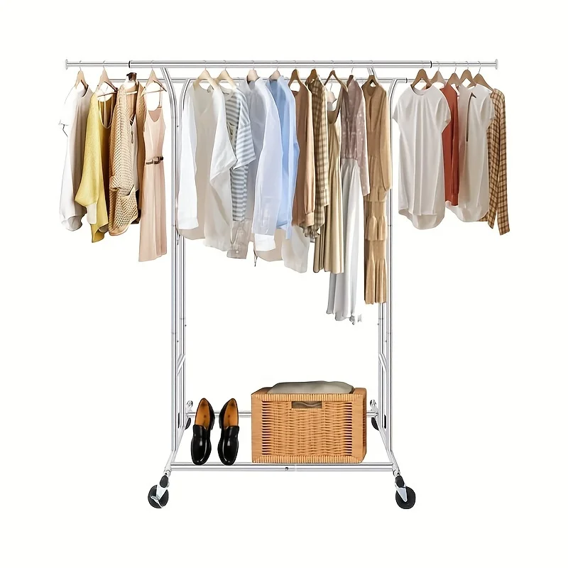 

1set Fishat Heavy Duty Clothes Rack, Double Rod Clothing Garment Rack For Hanging Clothes, Commercial Metal Rolling Clothes Orga