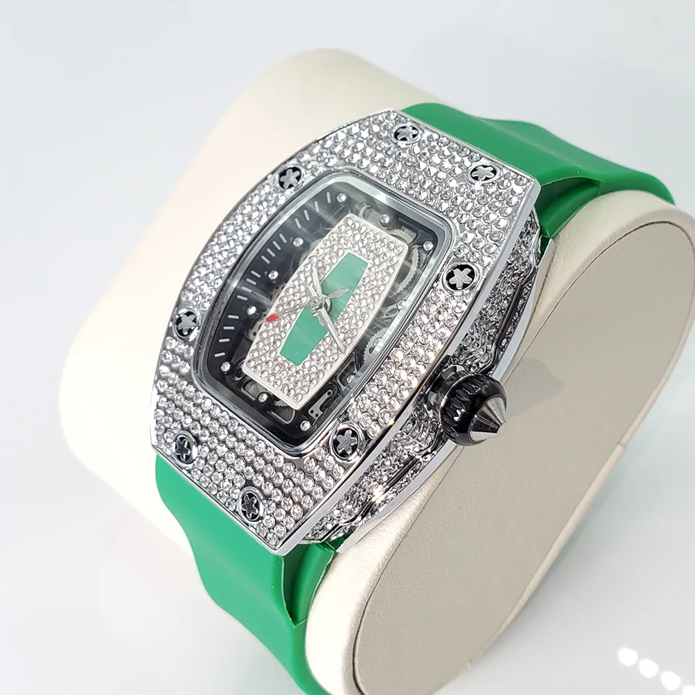 Luxury Diamond Watch For Women Elegant Tonneau Original Design Watches Fashion Ice Out Sport Rubber Strap Waterproof Mille Clock 2