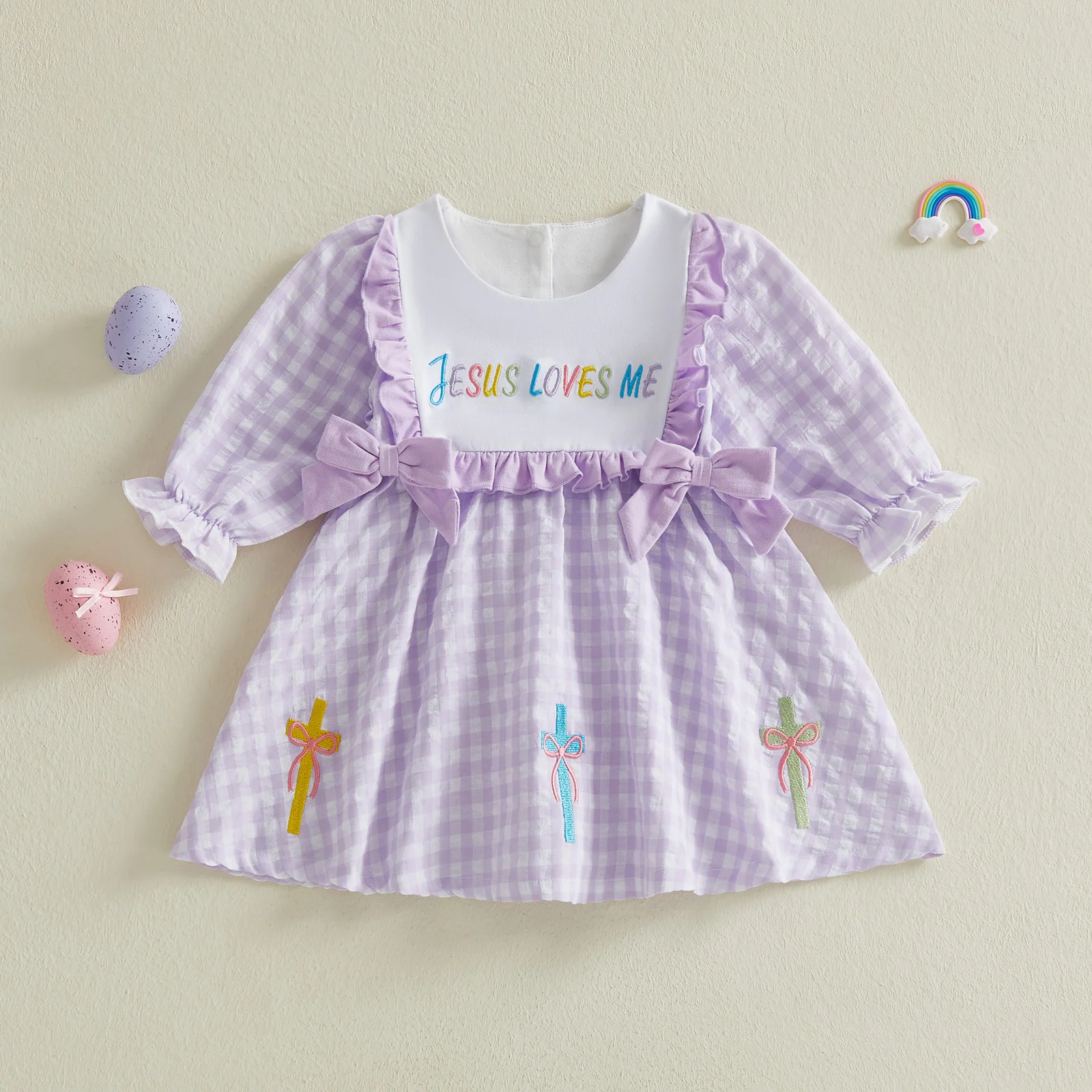 Girls Plaid Dress with Puff Sleeves Crew Neck Embroidered Letters Bow Detail and A-Line Silhouette for Spring