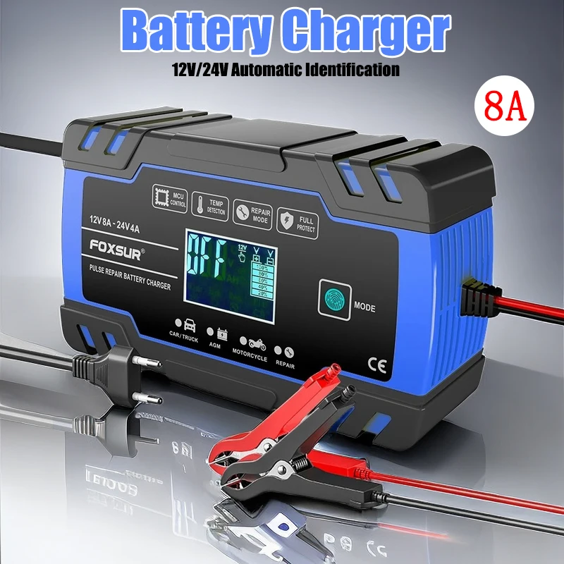 

Motorcycle Car Battery Charger 12V 8A 24V 4A Automatic Start Pulse Repair LCD Smart Car Charger AGM GEL Lead-Acid WET Battery