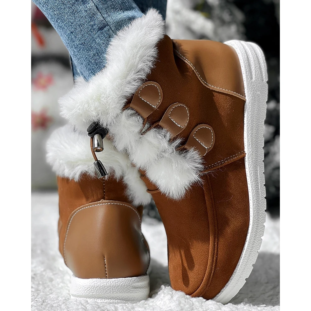 Winter Fashion Pu Leather Lace-up Fuzzy Lined Ankle Boots for Women Casual Round Toe Flat Ankle Snow Short Boots Daily Korean