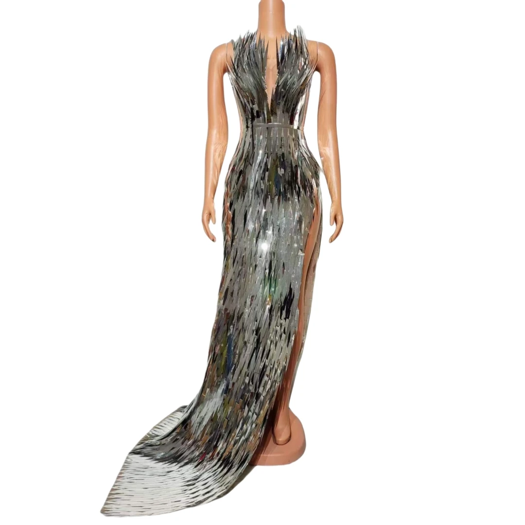 

Stunning Floor Length Silver Dress For Women Evening Prom Birthday Luxury Night Queen Club Stage Wear Singer Pageant Charming