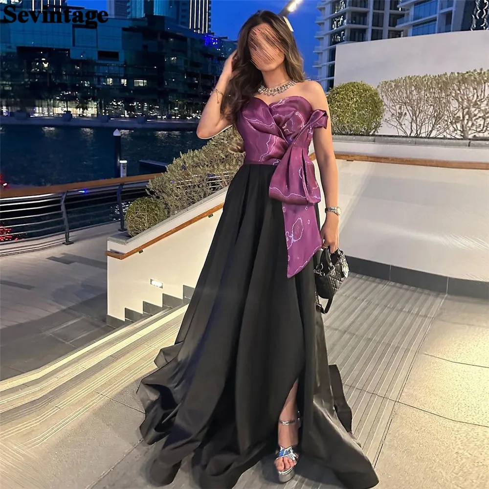 

Sevintage Fashion Black Purple Arabia Prom Dresses Strapless Big Bow Slit Floor Length Party Growns فساتين للحفلات الراقصة 2024