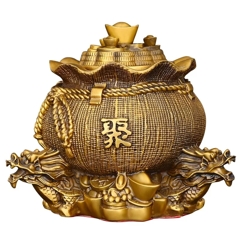 Chinese Brass Money Treasure Bag & Coin Bank, Dragon Head Lid Wealth Pot, Feng Shui Decor for Prosperity Luck, Home Desk Ornamen