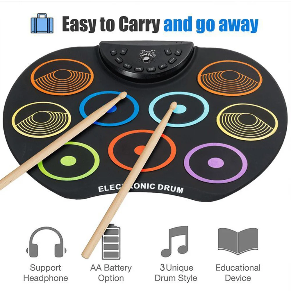 9 Drum Pads Roll-up Practice Drum Set Support Recording Roll-Up Practice Pad Kit Kids Holiday/Birthday Gift
