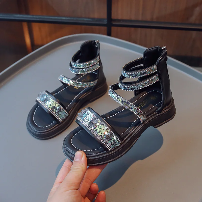 

New Summer Girls Sandals Sequin Rhinestone Fashion Princess Sandals Flat Shoes Children Sandals H899