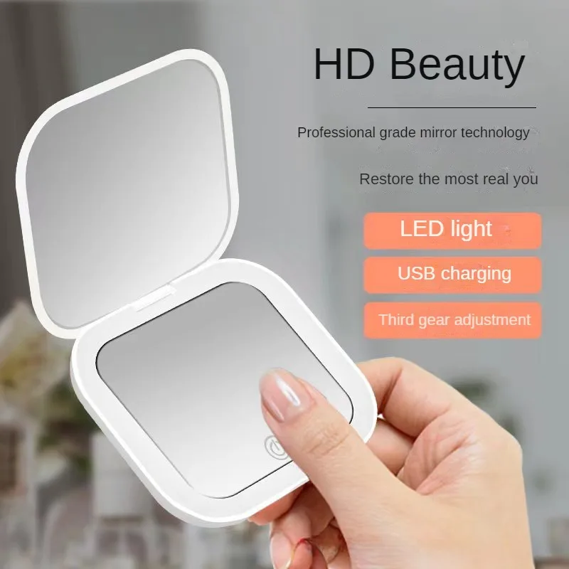 컴팩트 휴대용 미니 LED 조명 메이크업 거울, 2X 확대 휴대용 포켓 여행 접이식 여성 화장품 포켓 미러