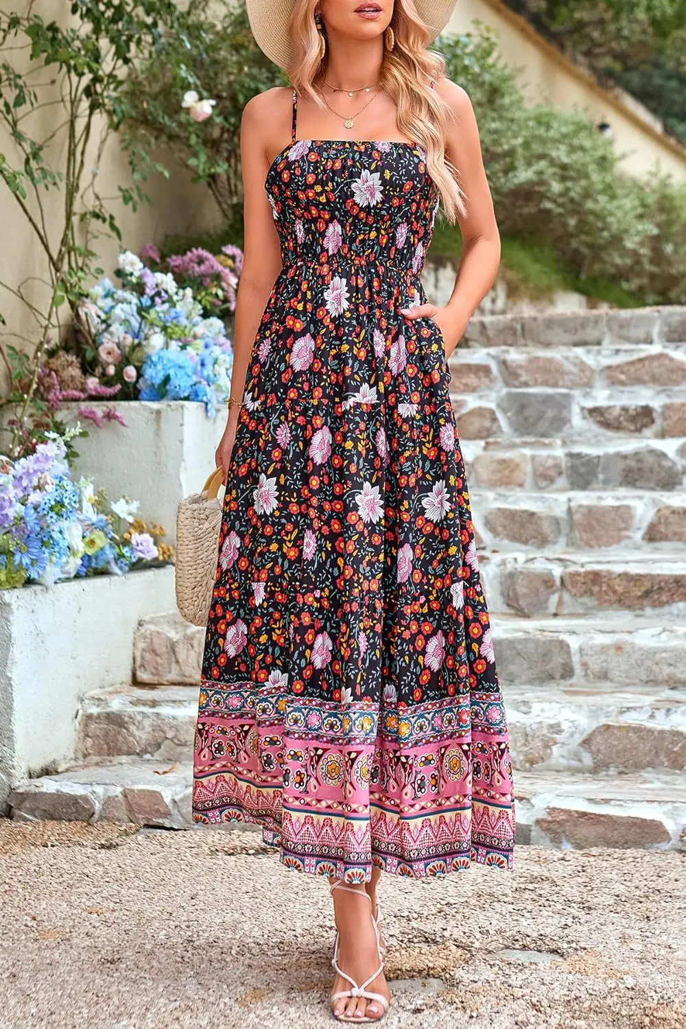Vintage Flower Print Spaghetti Strap Dresses Women Fashion Trendy Bohemian Beach Vacation Long Dress Female Summer New Vestidos