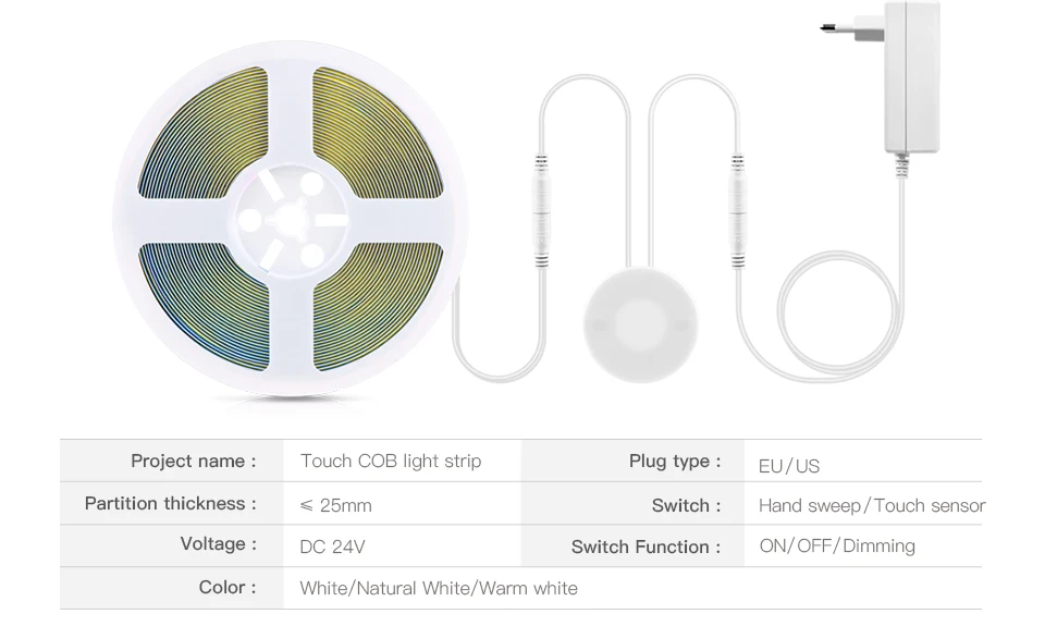Description Picture 3 of itemHand Scan Induction and Touch Dimming COB LED Strip Light 24V Waterproof LED Tape Light Ribbon Room Kitchen Cabinet Lighting