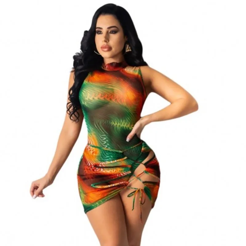 

2023 Summer Street Hipster Slim Ultra Short Dress Chic Printed Sexy Mesh Strap Skirt Sleeveless Dress African Women's Clothing