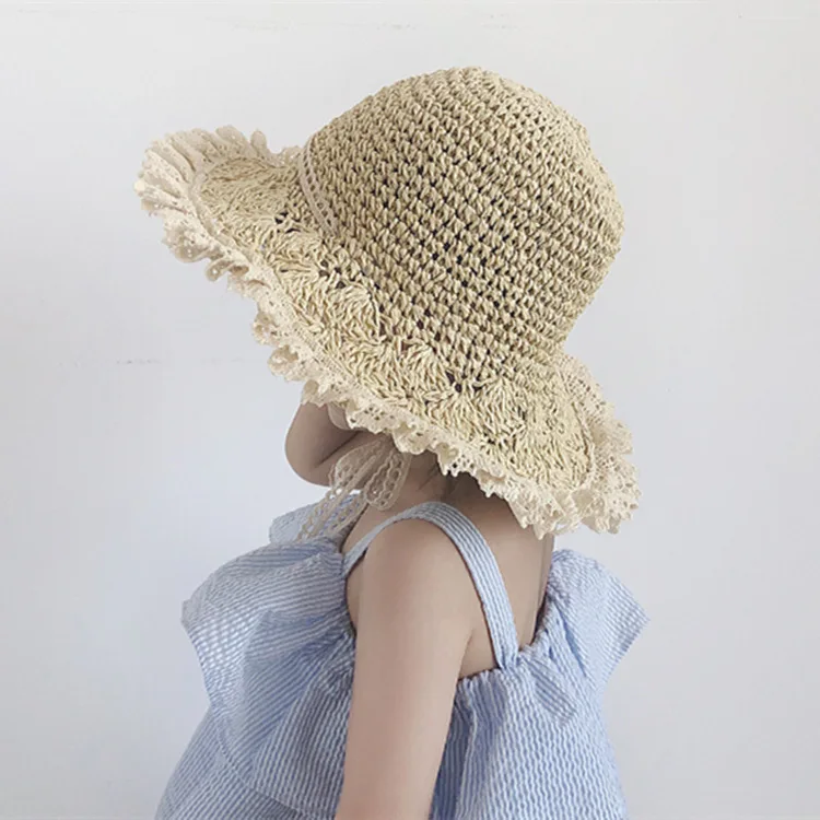 2023 Spring and Summer New Children's Folding Lace Beach Holiday Sunshade Sun Protection UV Protection Straw Hat spring summer lace flower baby sun hat vintage mesh hollow princess baby girls bonnet straw brim sun protection bucket cap