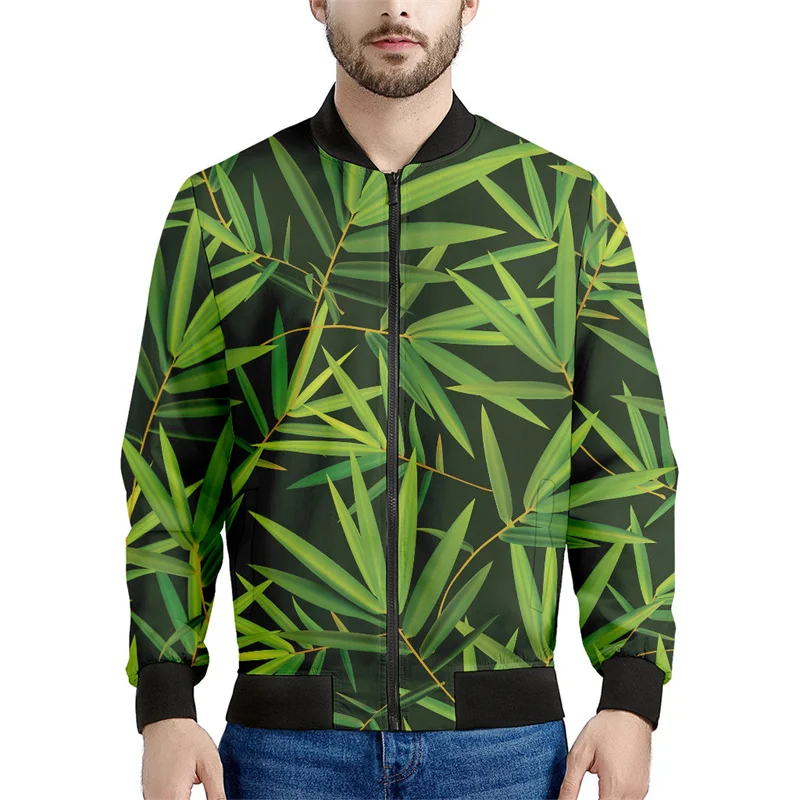 Chaquetas con estampado 3D de bambú verde para hombre, sudadera con gráfico de hojas y plantas, manga larga, chaqueta bomber de gran tamaño con cremallera