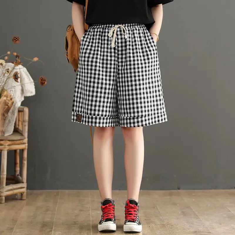 

Women Summer Simplicity Loose Fashion Plaid Cotton and Linen High Waist Quarter Shorts Women Clothes Casual All-match Wide Leg