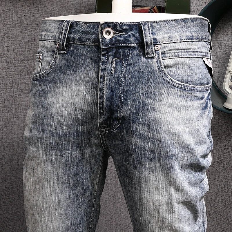 Italian Style Fashion Men Jeans High Quality Retro Blue Elastic Stretch Slim Fit Ripped Jeans Men Vintage Designer Pants Hombre