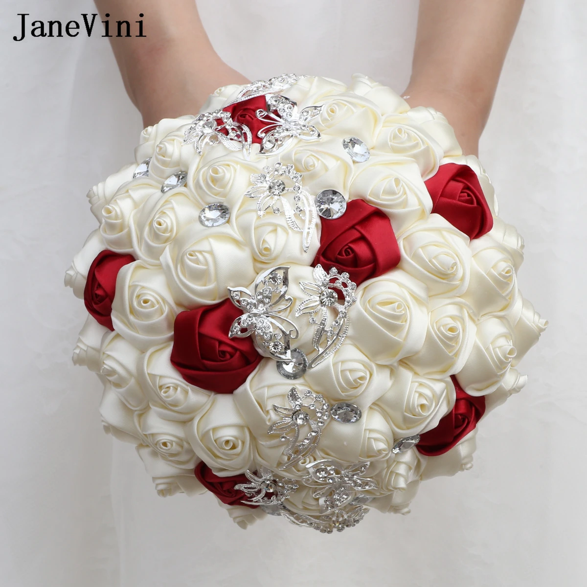 

JaneVini Korean Style Ivory Bridal Hand Bouquets Luxury Rhinestones Artificial Satin Roses Bride Wedding Bouquet Flower Hot Sale