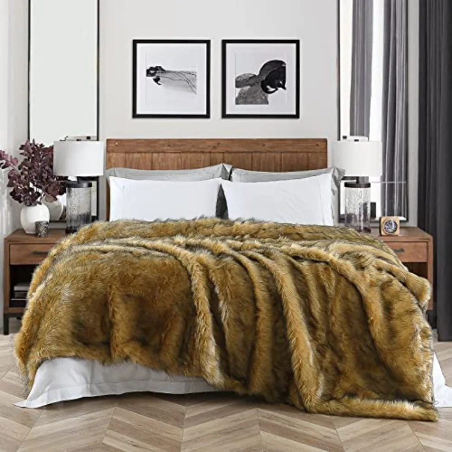 Luxury Plush Faux Fur Blanket King Size Long Pile Golden Yellow with Black Tips Throw for Sofa Armchair Couch and Bed Oversized