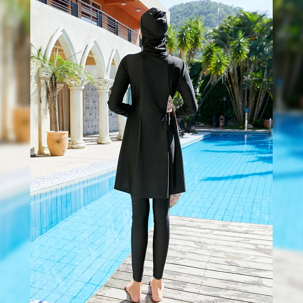 2023 New Long Sleeve Solid Muslim Swimwear Women Swimsuit Burkini 3 Pieces Tops Pants Cap Modest