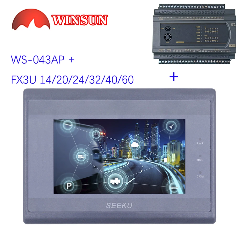 

SeekU 4.3inch WS-043AP HMI with FX3U 14/20/24/32/40/44/60 MR/MT PLC analog input 0-20mA with Cable included