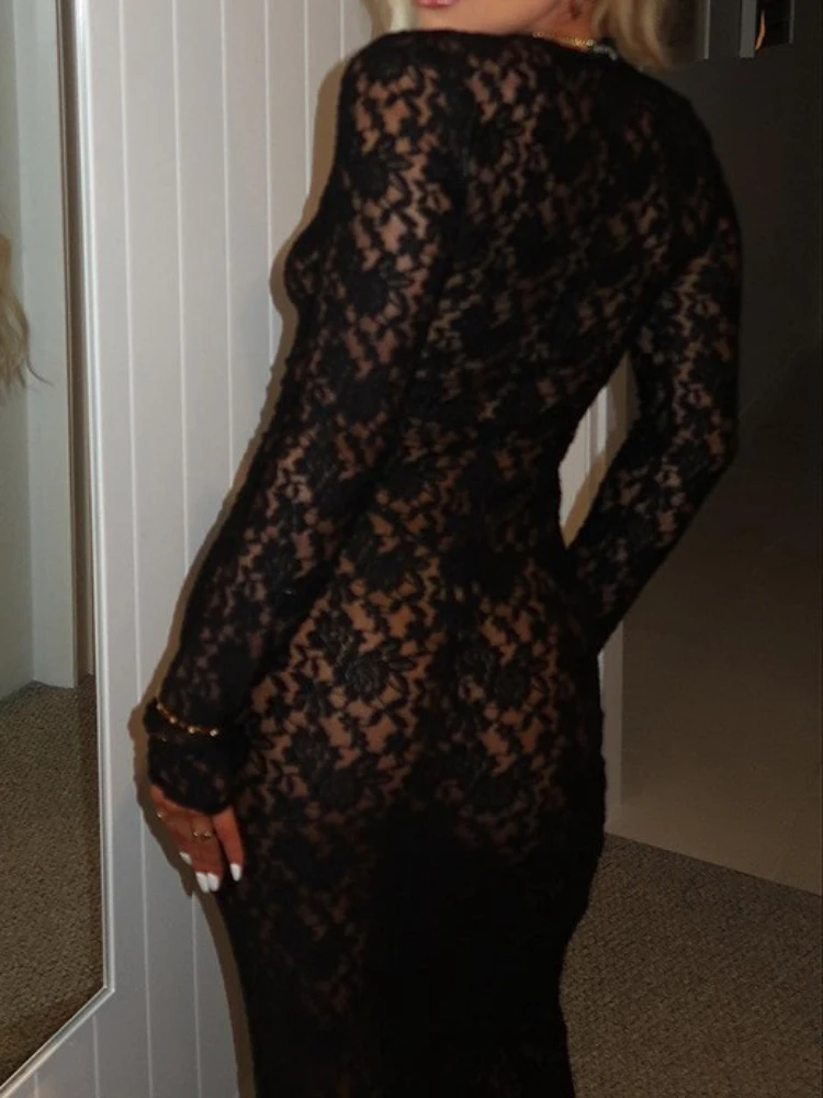 Sexy See-through Lace Flower Embroidery Slim Bodycon Long Dress Women Long Sleeved Maxi Dress Evening Club Party Vestidos 2