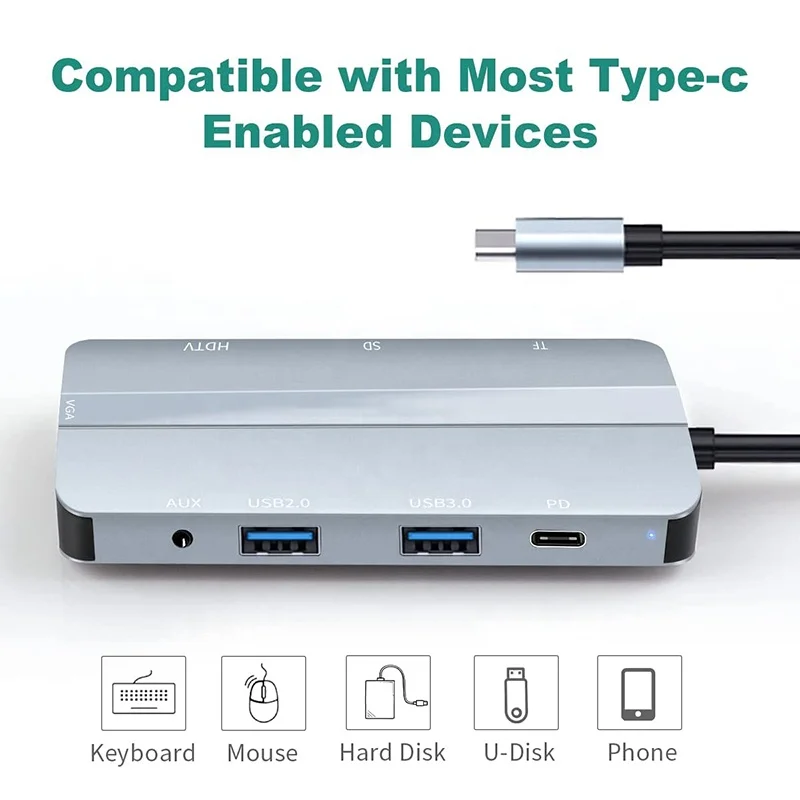 8 in 1 멀티포트 USB-C 허브 USB C 타입 C to 4K HD HDMI VGA USB 3.0 도킹 스테이션 허브 어댑터 (노트북용)