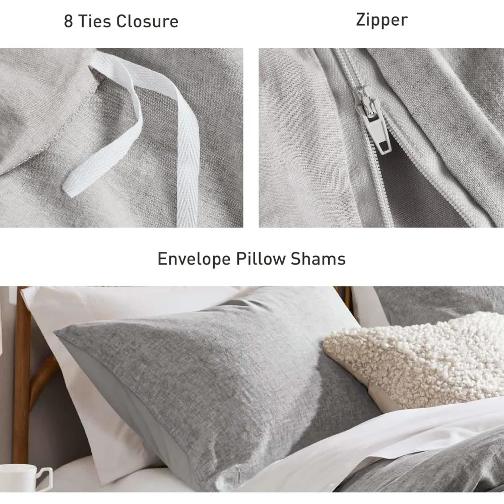 King Size Hyde Lane Linen Duvet Cover Set, 3-Piece Textured French Flax Linen 5