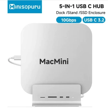 Minisopuru Mac Mini Dock Support M.2 NVMe/SATA SSD, 5 in 1 Mac Mini Hub Stand Accessories with USB C 10Gbps Data TF/SD USB C Hub