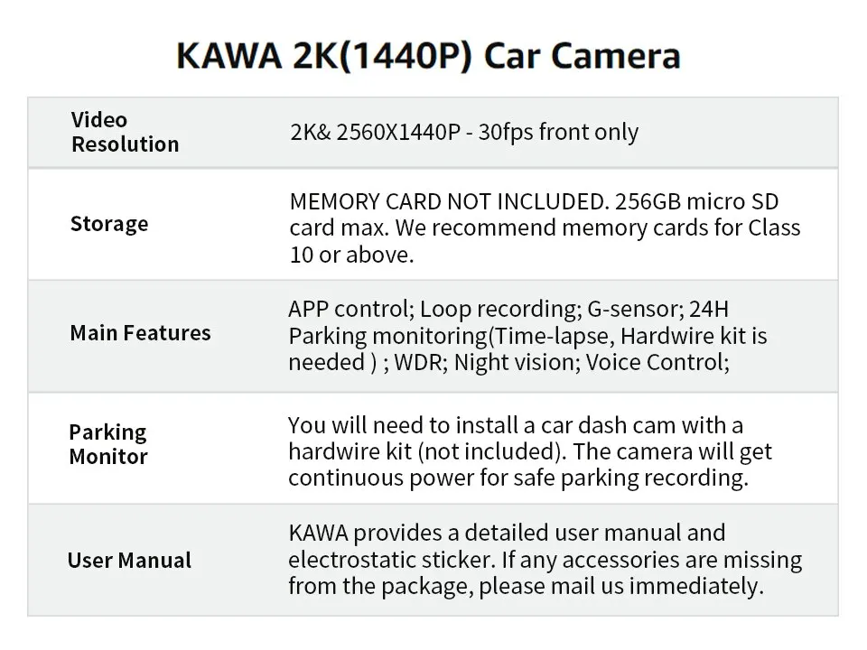 Kawa car dvr d6 dash camera per auto videoregistratore 1440p en ru fr jp controllo vocale modalità parcheggio 24 ore controllo app visione notturna