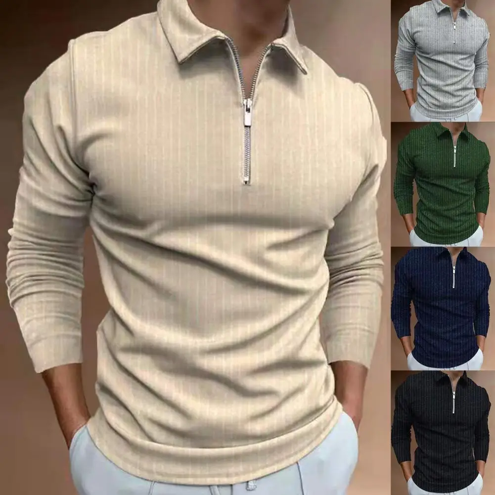 Elegant Men Shirt Long Sleeve Zipper Collar Solid Color Vertical Stripe