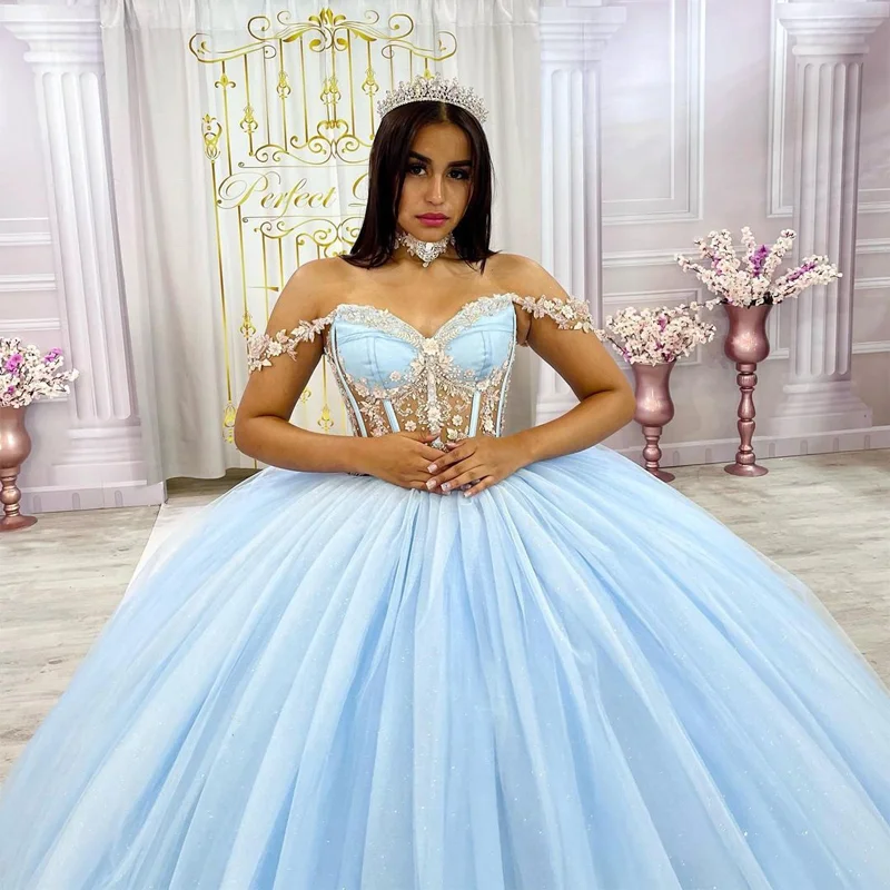 

Мексиканское небесно-голубое платье с открытыми плечами, платье Quinceanera, кружевное платье с аппликацией и бисером, юбка-халат для вечеринки в честь Дня Рождения, милое бальное платье 16 15