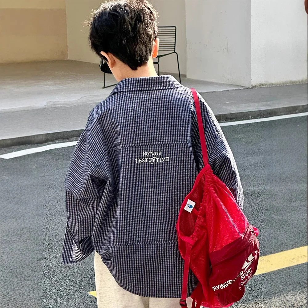 Boys Plaid Bubble Shirt Spring Retro Japanese Style Children's Clothing Large Quantity Cross-Border Male Children