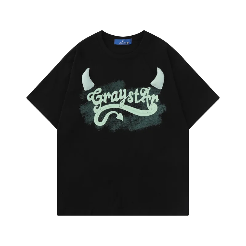 

American Letter-printed Short-sleeved Men's Crew-neck Oversize Street Hip-hop Retro Little Devil T-shirt 100% Cotton T Unisex
