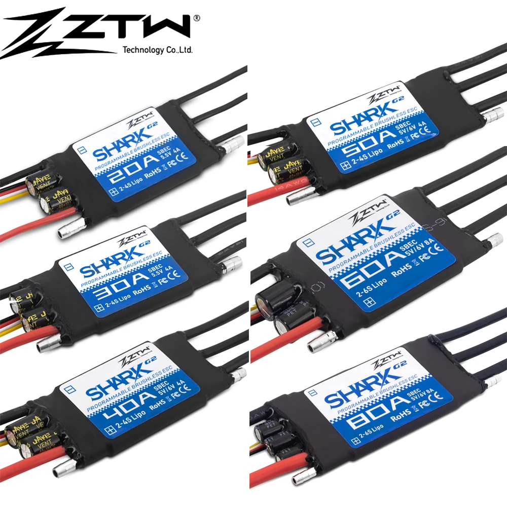

ZTW Shark G2 20A/30A/40A/50A/60A/80A/100A 2-4S/ 2-6S 32-битный водоохлаждающий двухсторонний Водонепроницаемый бесщеточный ESC для радиоуправляемой лодки thruste