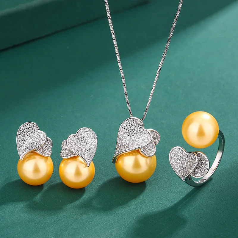 Tahitian Pearl Earring Double Heart Shaped Love Cubic Zircon Necklace Ring for Women Jewelry Wedding Gift for Guest Friends Gift bridal jewelry sets crystal jewelry sets earring ring sets