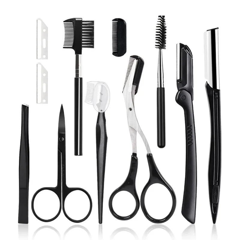 Eyebrow Trimmer Set Stainless Steel Scissors Tweezers Comb Razor