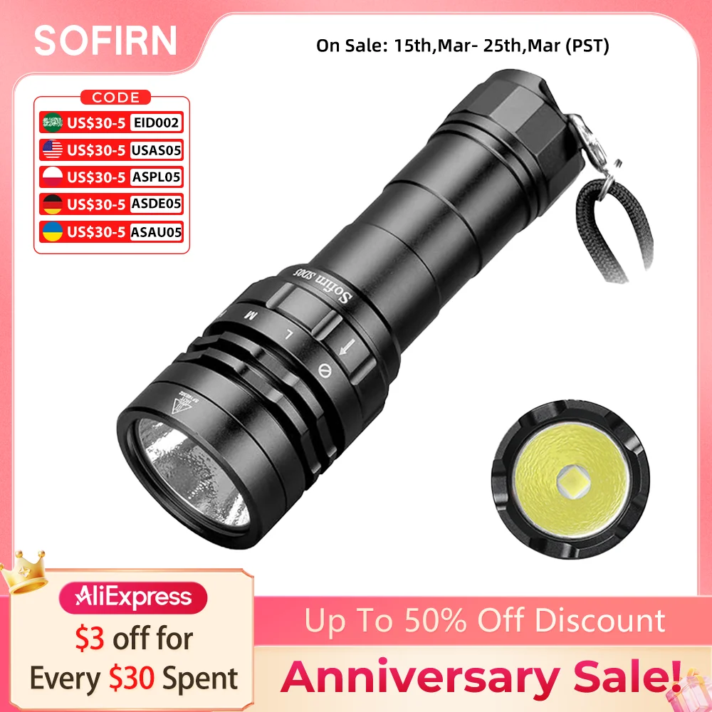 CSTEBOKE Sofirn SD06, lampe de plongée 3200 lm, portée 472 m, IPX8, perles lampe STF70, 6500 K, lampe de plongée professionnelle avec mode verrouillage et interrupteur magnétique