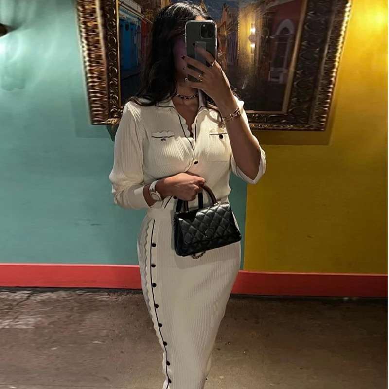 

2023 woman fall V-neck dress long sleeve single-breasted knit elegant evening party dresses women