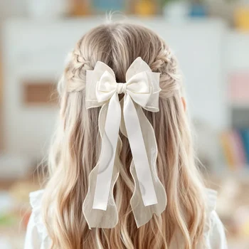 Fermagli per capelli in chiffon con fiocco per ragazze, eleganti fermagli con nastro a coda lunga per bambini, accessori per capelli per matrimoni, balli di fine anno, uso quotidiano, stile francese.
