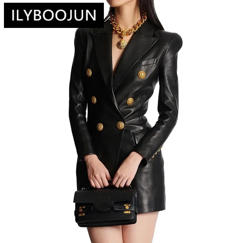 

ILYBOOJUN Newest Fashion 2024 Designer Women's Lion Metal Buttons Faux Leather Blazer Dress