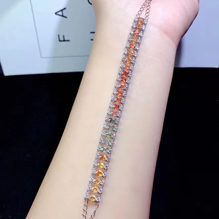 Total 3ct Natural Sapphire Bracelet for Office Woman 26 Pieces 3*4mm Multi-color Sapphire 925 Silver Bracelet with Gold Plating