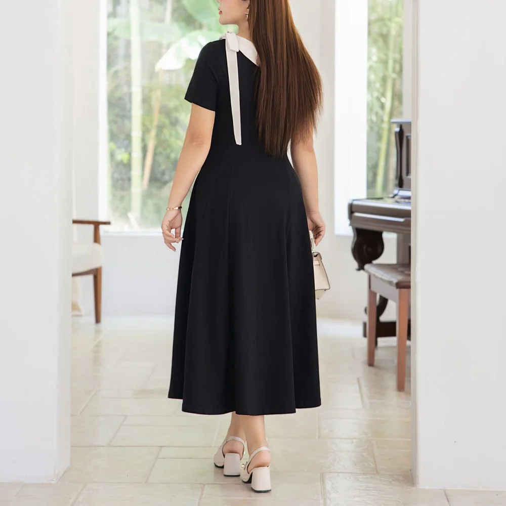 Skew Collar Bow Slim Waist Contrasting Color Dress Plus Size Women Premium Office Work Long Black Dresses 9266
