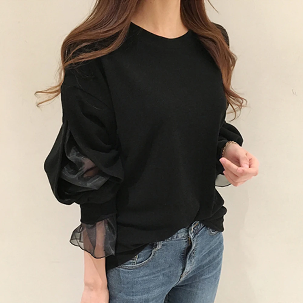 2023 Spring Women Casual Hoodie Mesh Patchwork Chic Black Hoodie Streetwear Female Fashion Korean Long Sleeve Thick Sweatshirt