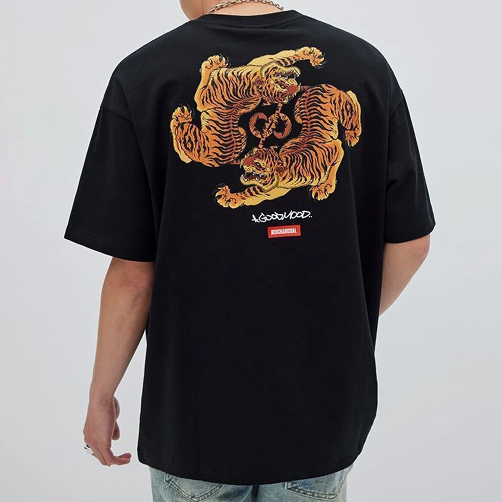 

American Street Retro Short-sleeved T-shirt Hiphop Fashion Y2K Hand-painted Tiger Abstract Printing Casual Top Men's Summer