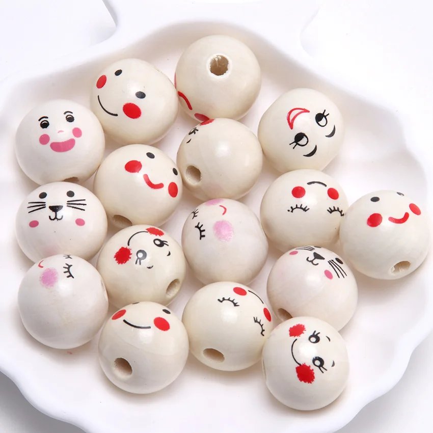 100pcs 20mm Natural Color Smiling Doll Round Ball Wooden Beads Loose Beads for Jewelry Making Handmade Diy Bracelet